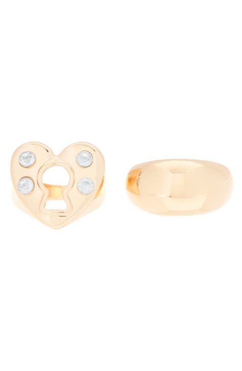 Heart Padlock Crystal 2-Pack Rings