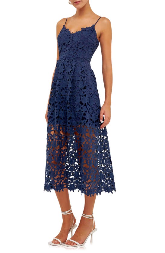 Shop Endless Rose Lace Spaghetti Strap Midi Dress In Navy