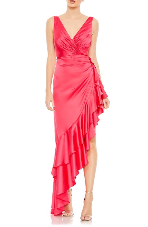 Ieena for Mac Duggal Asymmetric Ruffle Hem Satin Gown in Hot Pink