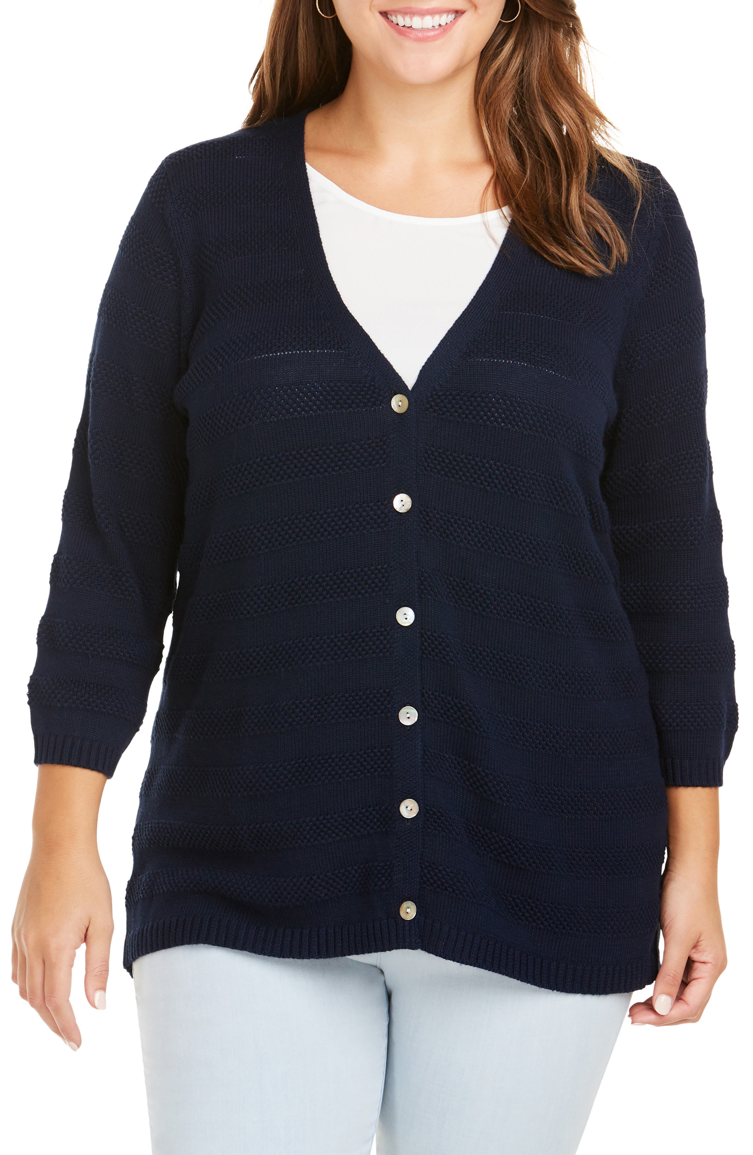 Plus Size Foxcroft Ella Textured Stripe Cardigan, Blue
