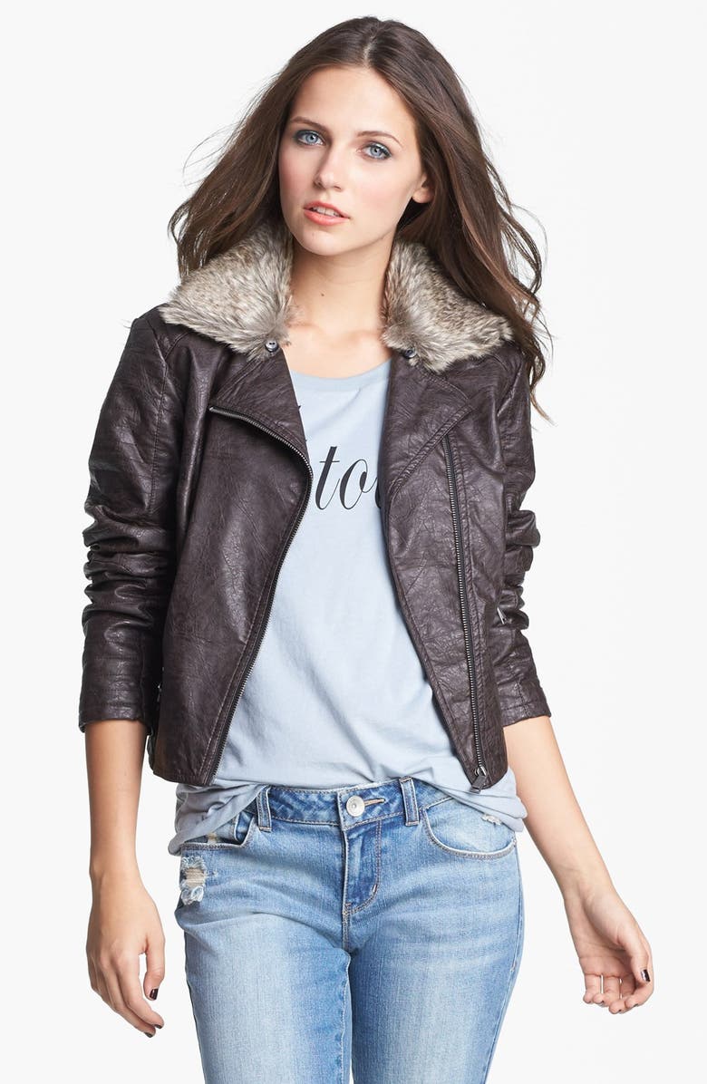 Faux Leather Moto Jacket With Fur Collar