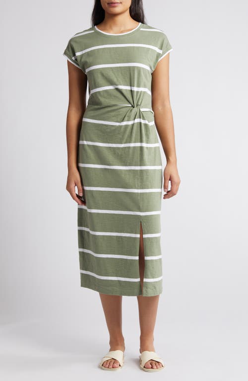 caslon(r) Twist Waist Organic Cotton Midi T-Shirt Dress in Green Dune- White Jan Stripe