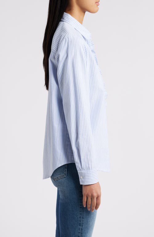 Shop Beachlunchlounge Emersyn Stripe Ruffle Trim Cotton Button-up Shirt In Russian Blue