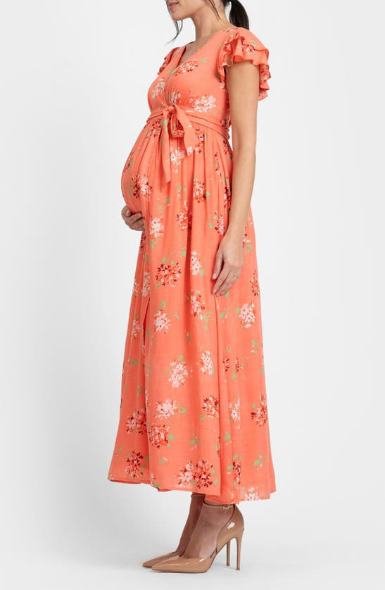 Shop Seraphine Flutter Sleeve Faux Wrap Maternity Dress In Coral Print