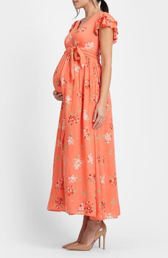 Seraphine Flutter Sleeve Faux Wrap Maternity Dress In Coral Print