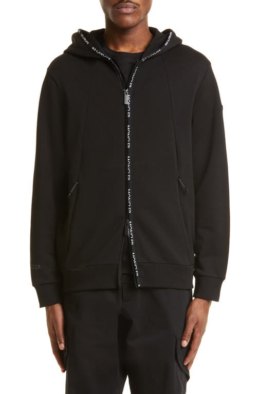 Moncler Logo Tape Cotton Zip Hoodie in Black at Nordstrom, Size Medium