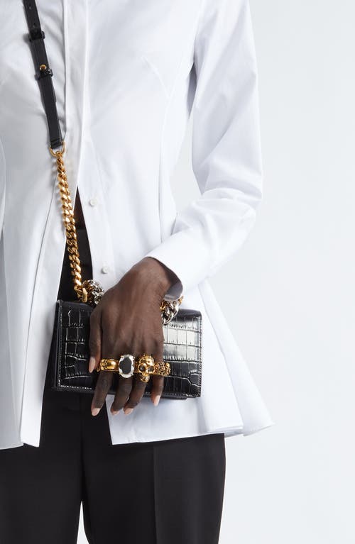 Alexander Mcqueen Mini Jeweled Croc Embossed Leather Satchel In Black