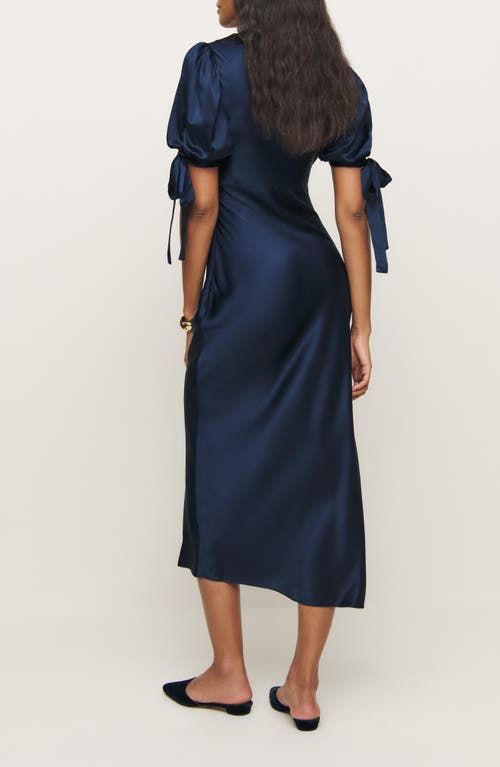 Shop Reformation X Kacey Musgraves Stella Lace Trim Silk Midi Dress In Navy