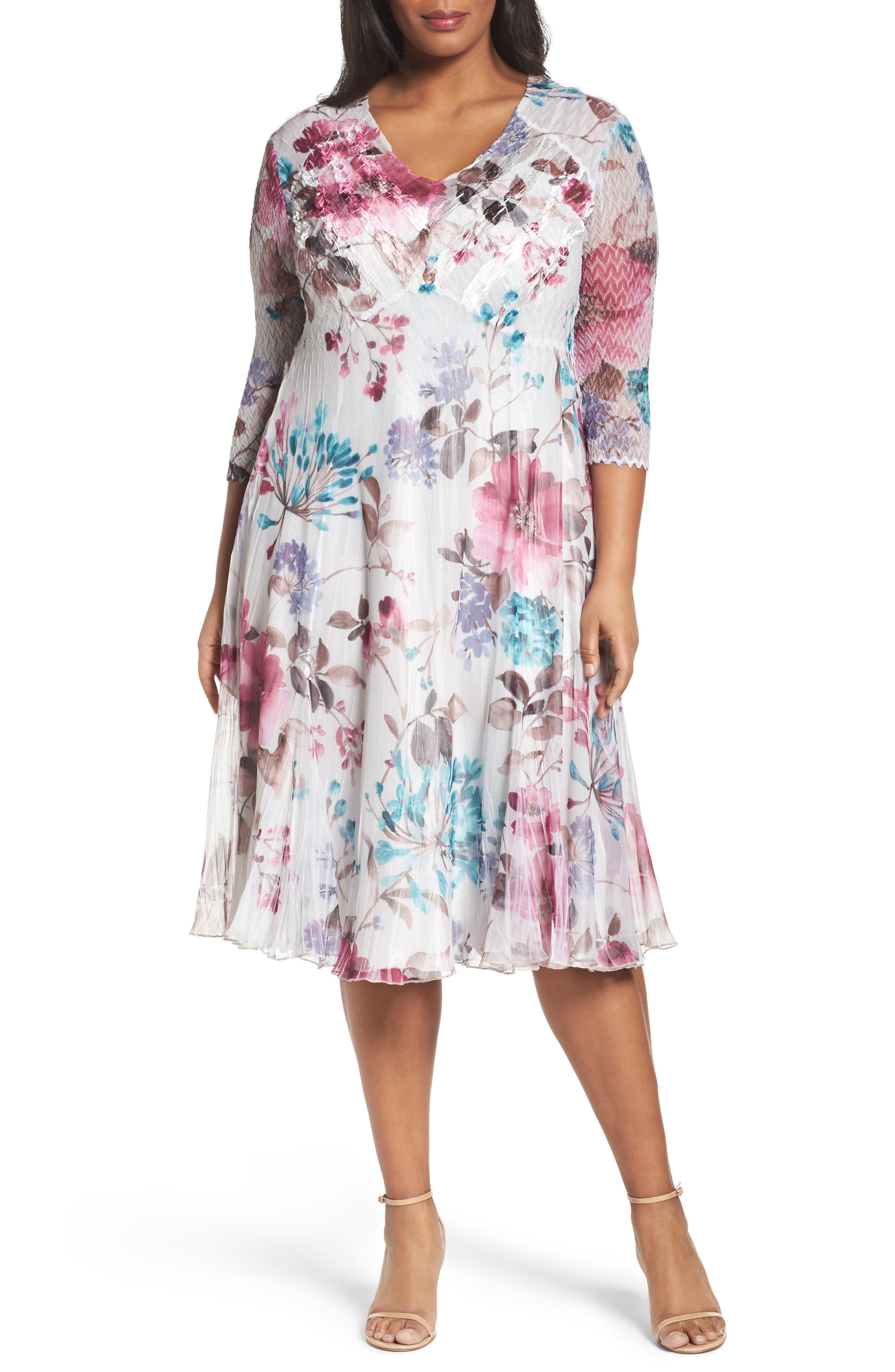 Komarov Floral Chiffon & Charmeuse A-Line Dress (Plus Size) | Nordstrom