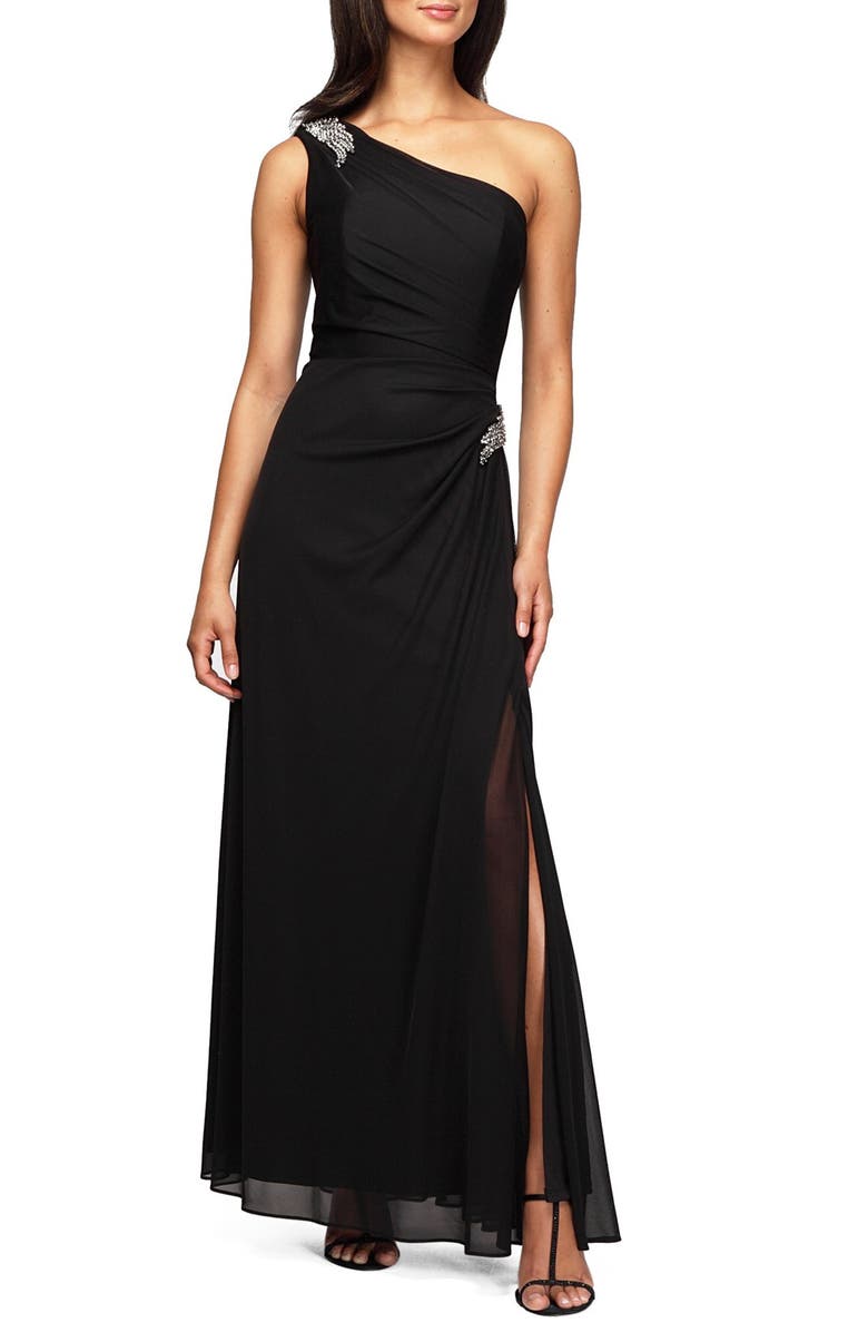 Alex Evenings Beaded One-Shoulder Mesh Gown (Regular & Petite) | Nordstrom