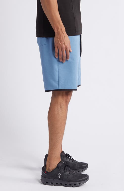 Shop Zella Powertek Stretch Cotton Blend Shorts In Blue Coronet