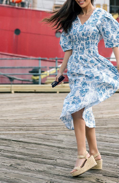 Shop Jessie Zhao New York Leandra Blue Smocked V-neck Midi Dress