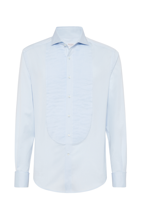 Shop Brunello Cucinelli Tuxedo Shirt With Pleating In Azure