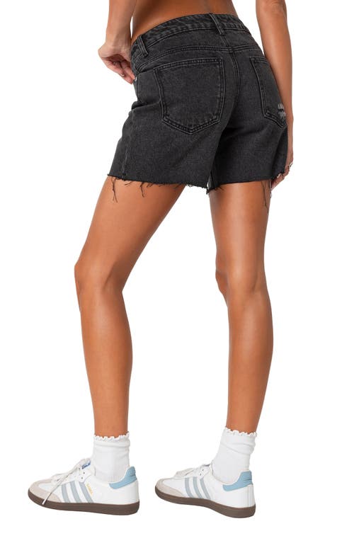 Edikted Tomboy Low Rise Cutoff Denim Shorts In Black-washed