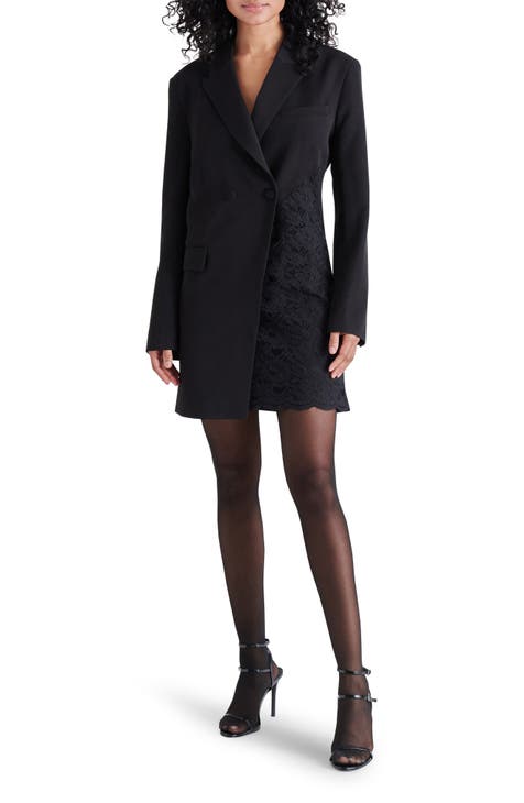 Women Asymmetric Blazer Dress - Office Ladies Elegant Long Sleeve Pleated  Mini Blazer Dresses with Belt