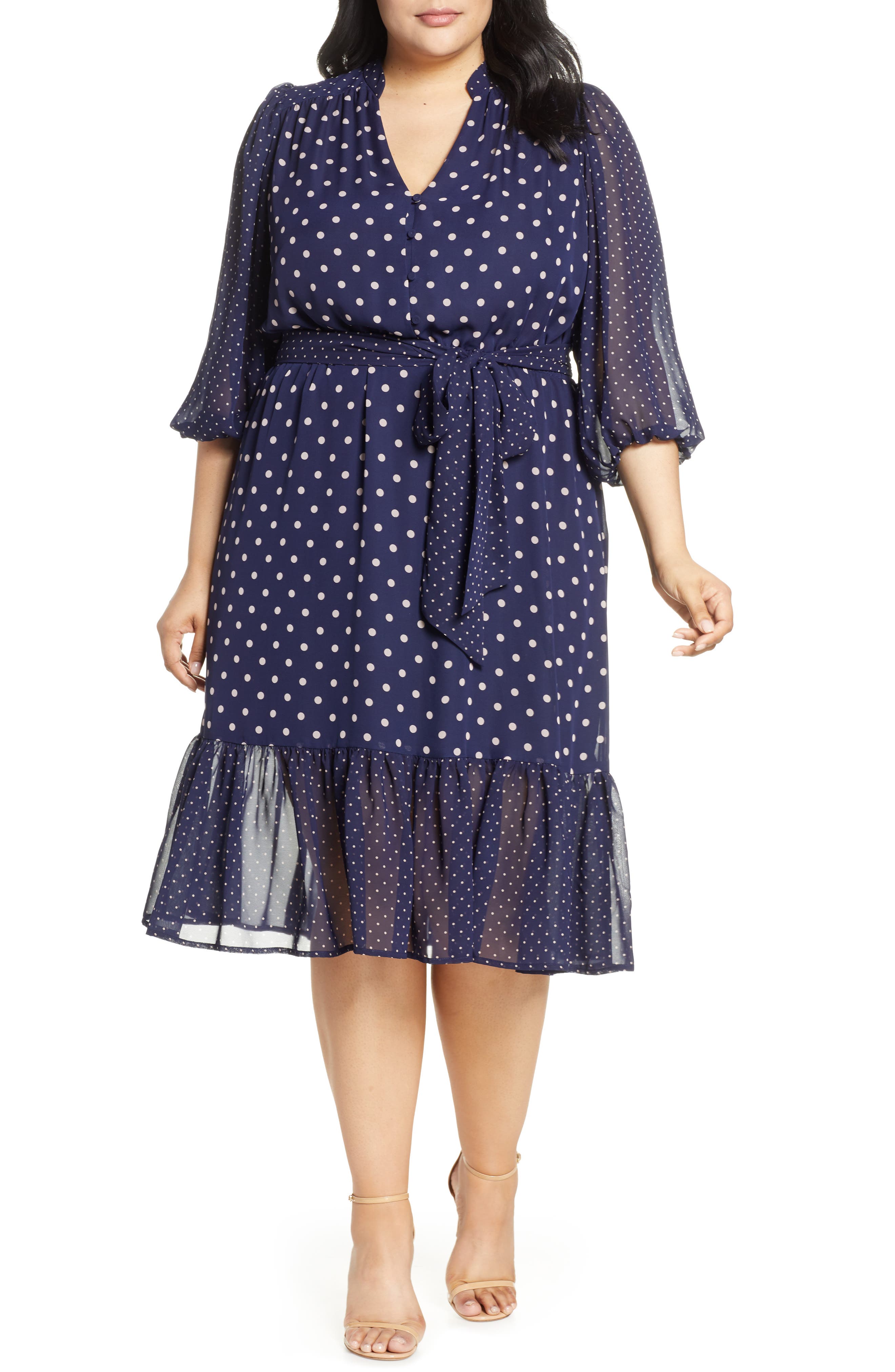 Plus Size Eliza J Polka Dot Chiffon Dress, Blue