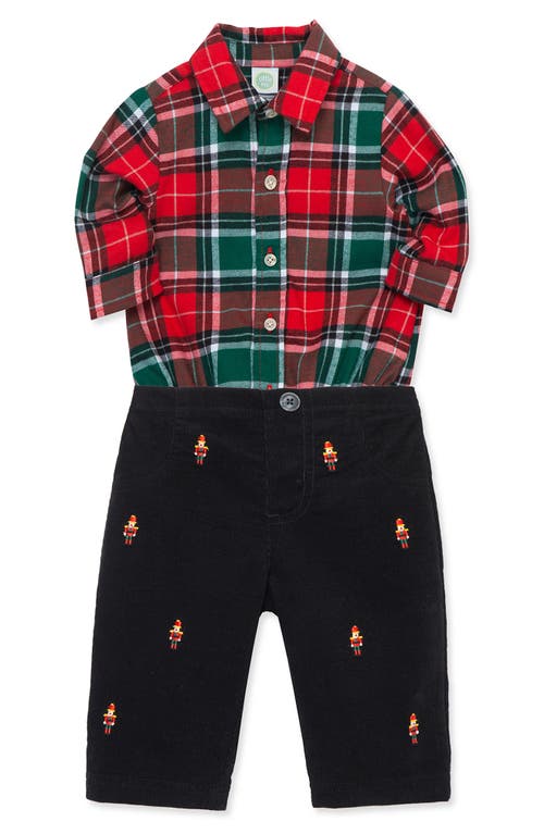 Shop Little Me Merry Plaid Button-up Bodysuit & Embroidered Corduroy Pants Set In Black