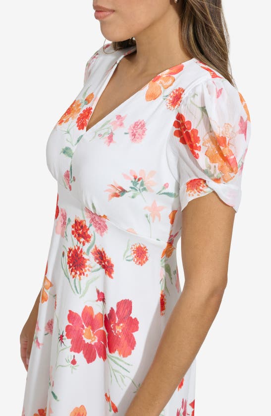 Shop Calvin Klein Floral V-neck Short Sleeve A-line Minidress In Fire Multi