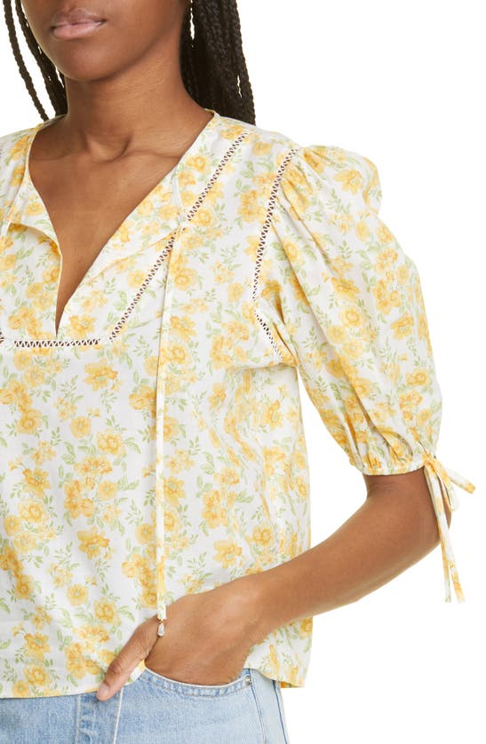 Shop Derek Lam Nora Floral Puff Sleeve Cotton Top In Yellow Multi