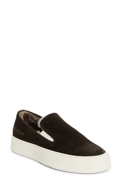 Shop Common Projects Suede & Genuine Shearling Slip-on Sneaker In Coffee