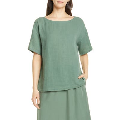 Eileen Fisher Boat Neck Boxy Organic Cotton Top, Green