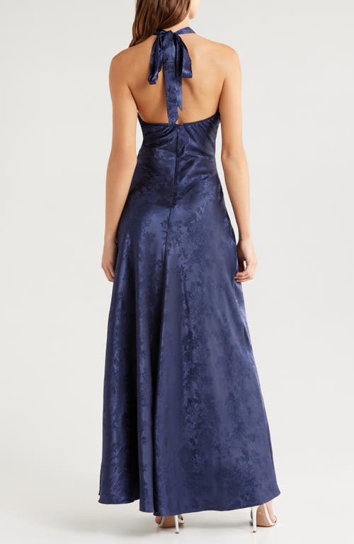 Lulus Classy Personality Navy Blue Satin Jacquard Halter Maxi Dress In Navy