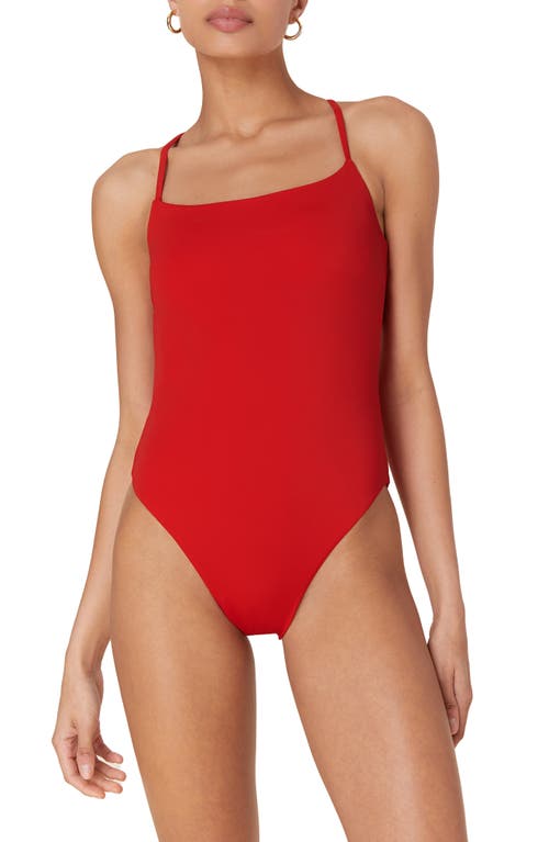 The Fiji Lace-Up Back Long Torso One-Piece Swimsuit in Cherry Red