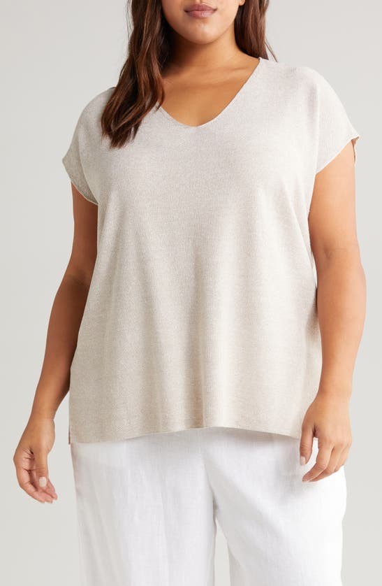 Shop Eileen Fisher Short Sleeve V-neck Sweater In Natural/ White