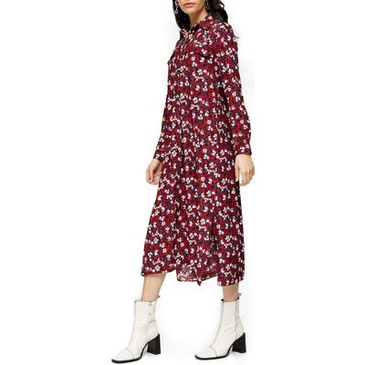 Petite Topshop Floral Print Long Sleeve Midi Shirtdress, US (fits like 6-8) - Burgundy