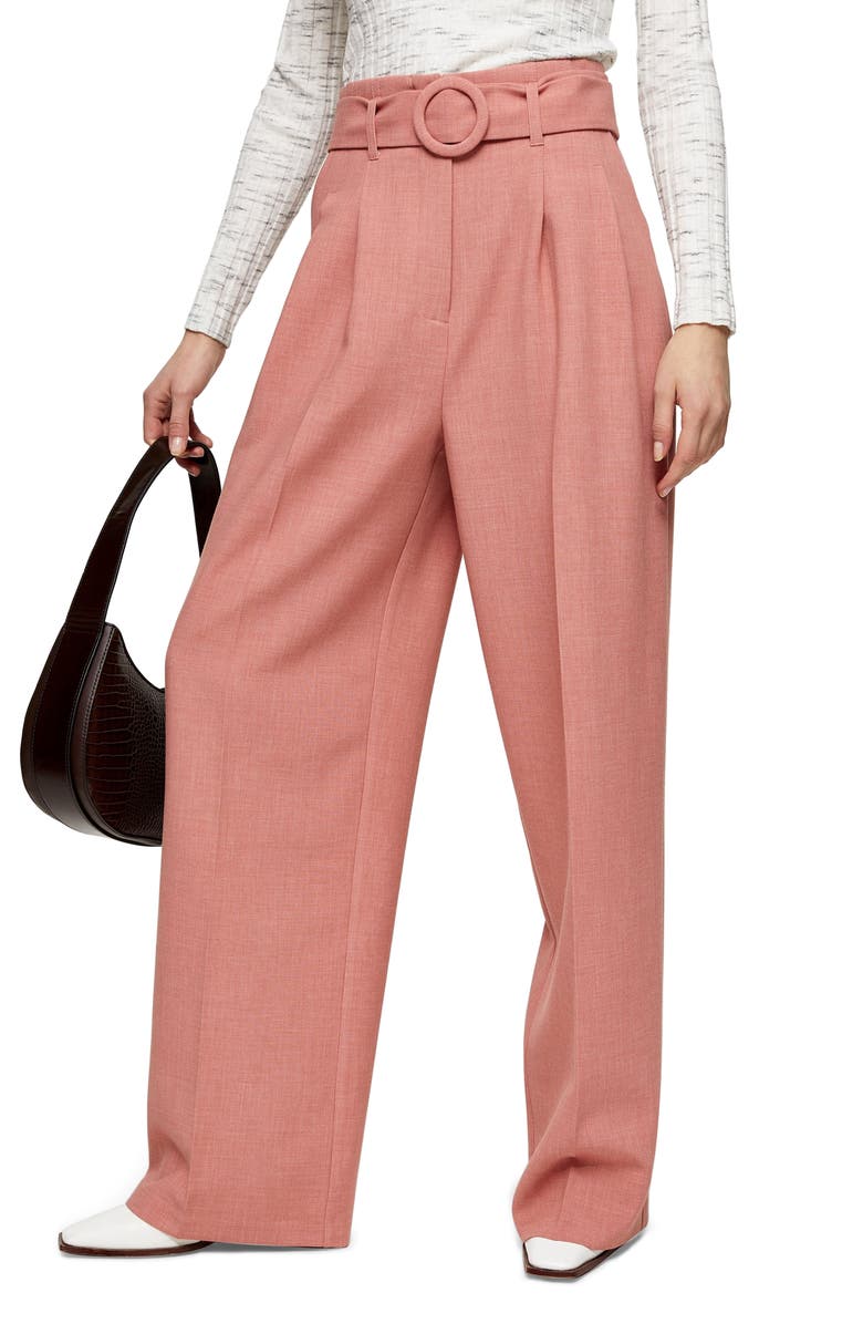 TOPSHOP Belted Wide Leg Trousers, Main, color, PINK