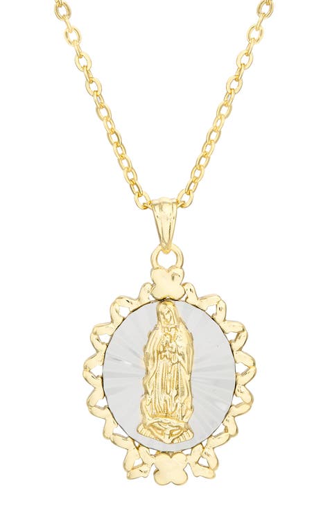 Two-Tone Mother Mary Oval Pendant Necklace