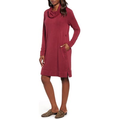 Petite Caslon Cowl Neck Side Button Long Sleeve Dress, Red