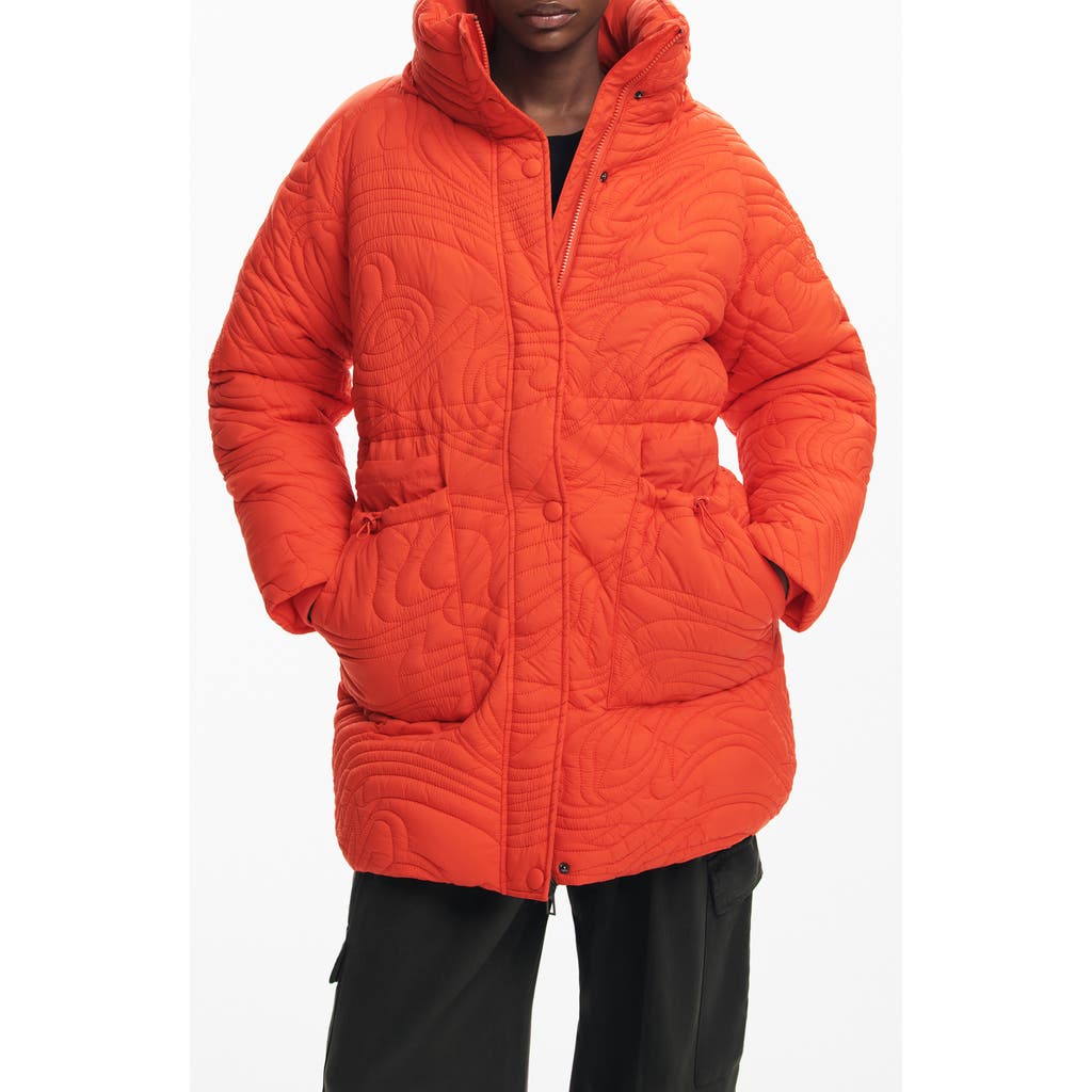 Desigual Aarhus Embroidered Quilted Coat With Removable Hood In Orange