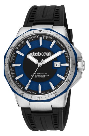 Roberto Cavalli By Franck Muller Rubber Strap Watch, 44mm In Black