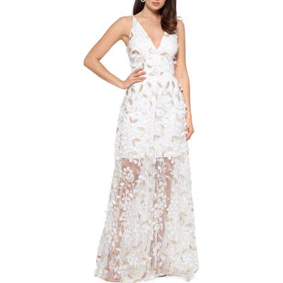 Xscape 3D Floral V-Neck Gown, White