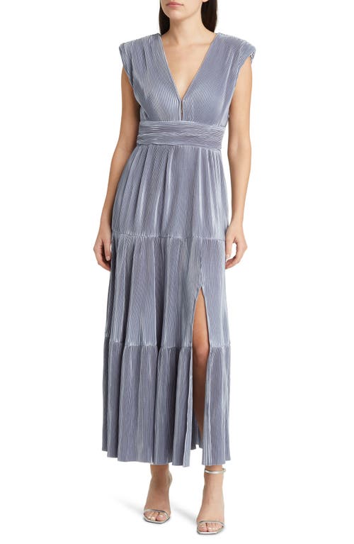 Micropleat Sleeveless Tiered Midi Dress in Dusty Blue