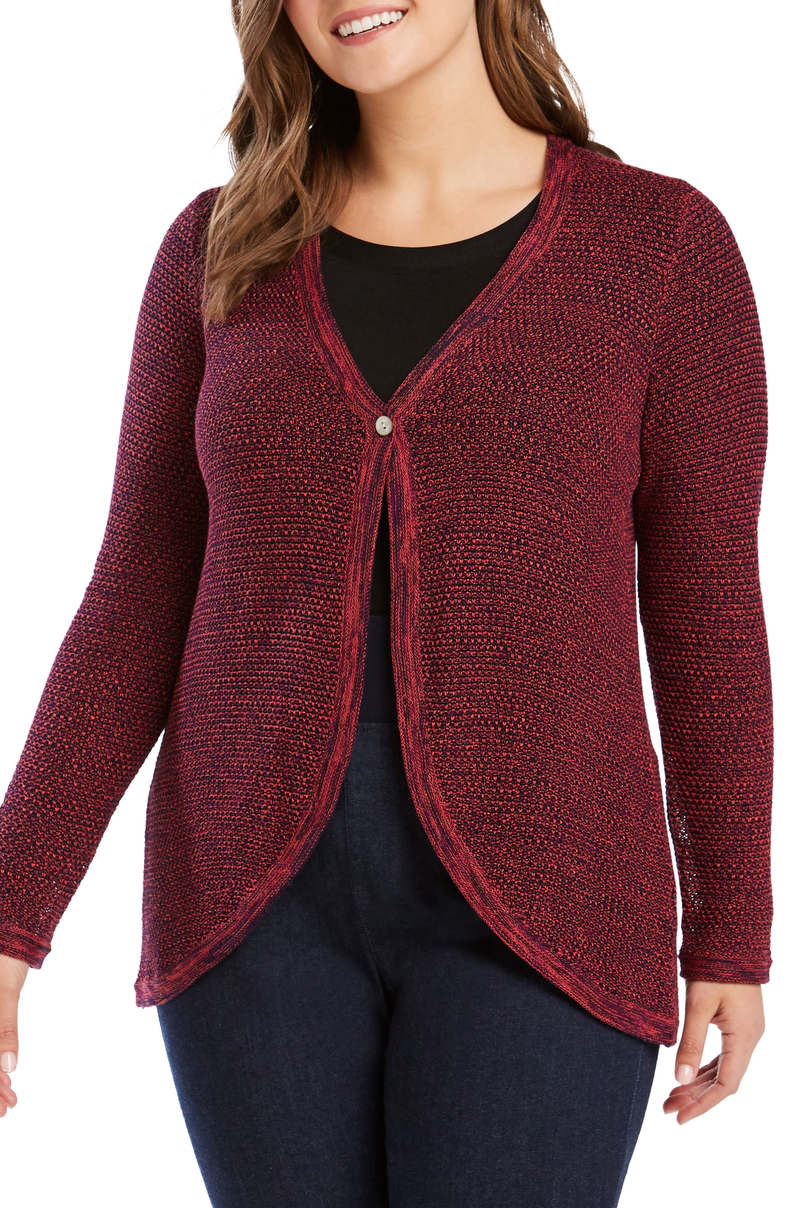 Plus Size Foxcroft Quinn Curved Hem Cotton Blend Cardigan, Red