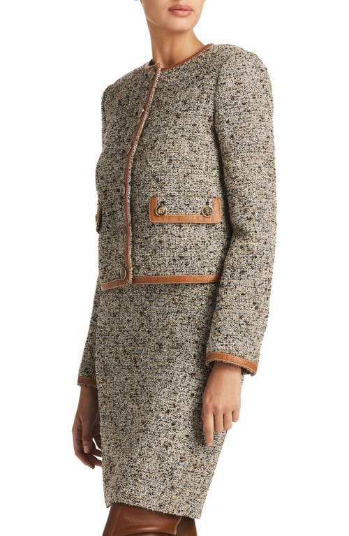 St John St. John Collection Crop Leather Trim Bouclé Tweed Jacket In Camel/ecru Multi