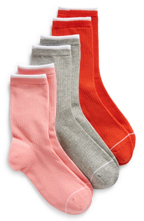 BP. 3-Pack Tipped Organic Cotton Blend Demi Crew Socks in Pink- Red Poinciana