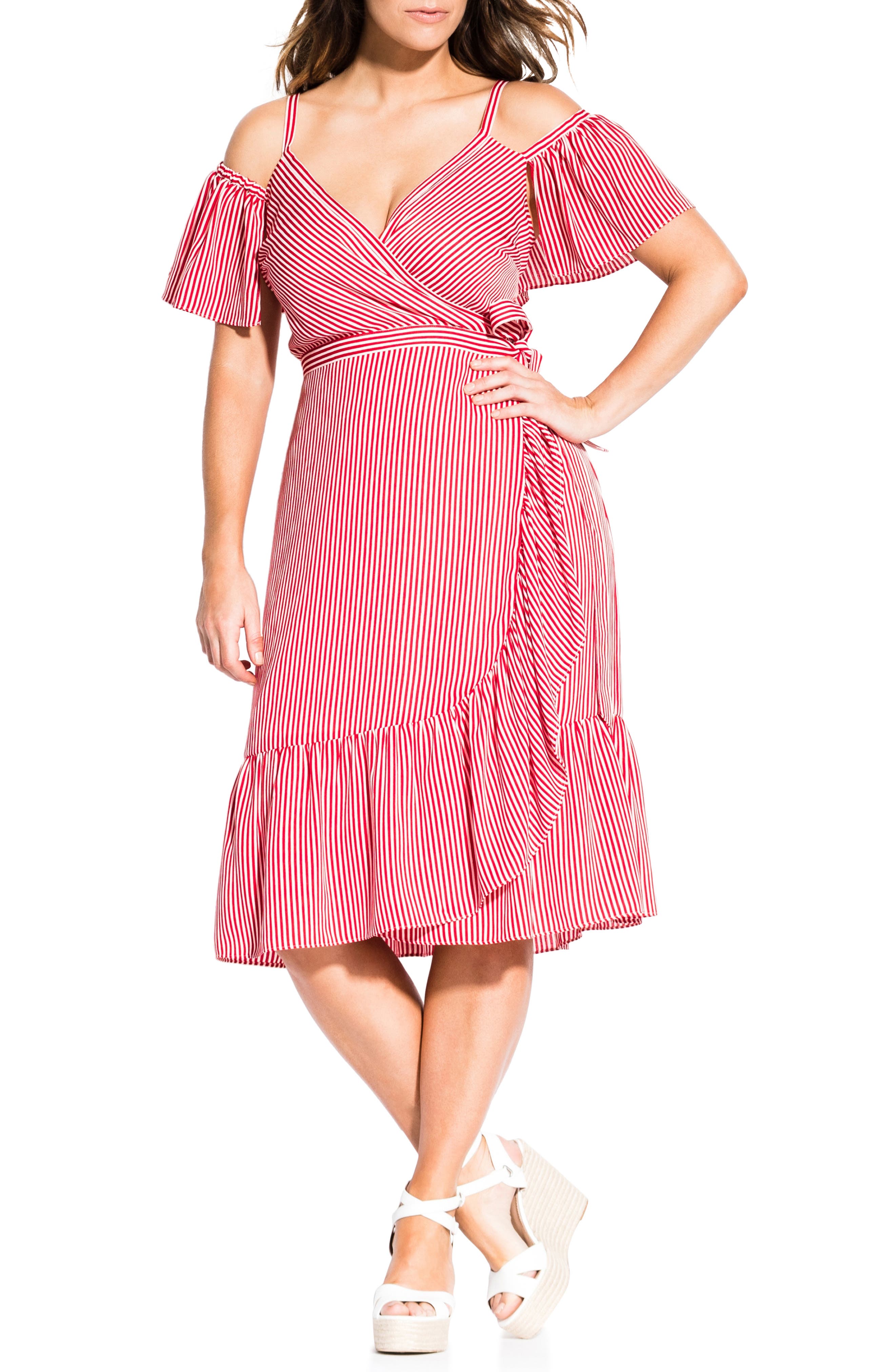 Plus Size City Chic Riviera Stripe Cold Shoulder Wrap Dress, Pink
