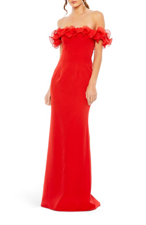 Off the Shoulder Ruffle Sheath Gown in Red