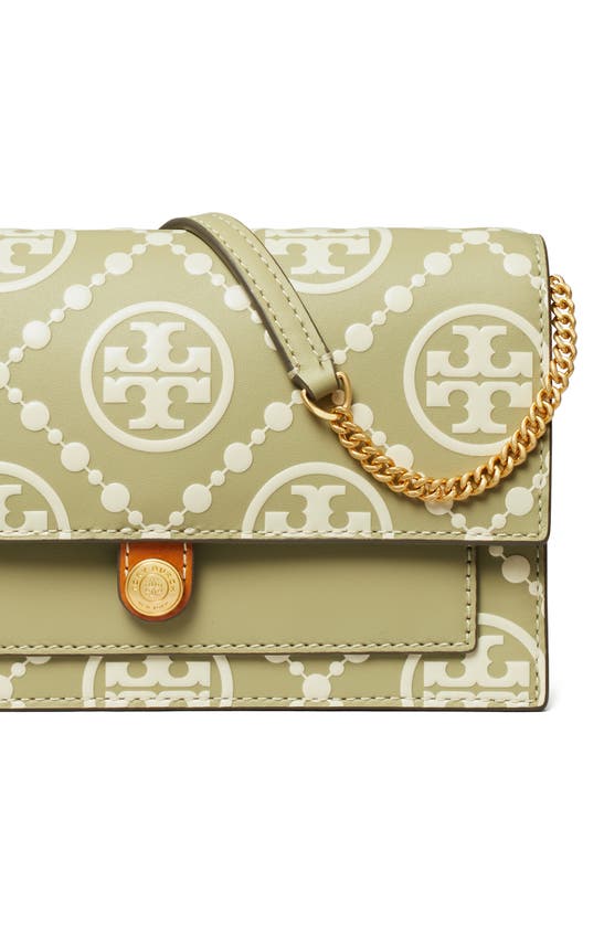 Shop Tory Burch T-monogram Embossed Leather Wallet On A Chain In Olive Sprig