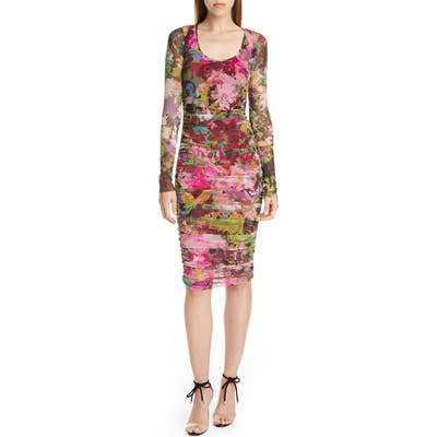 Fuzzi Floral Ruched Long Sleeve Dress, Pink