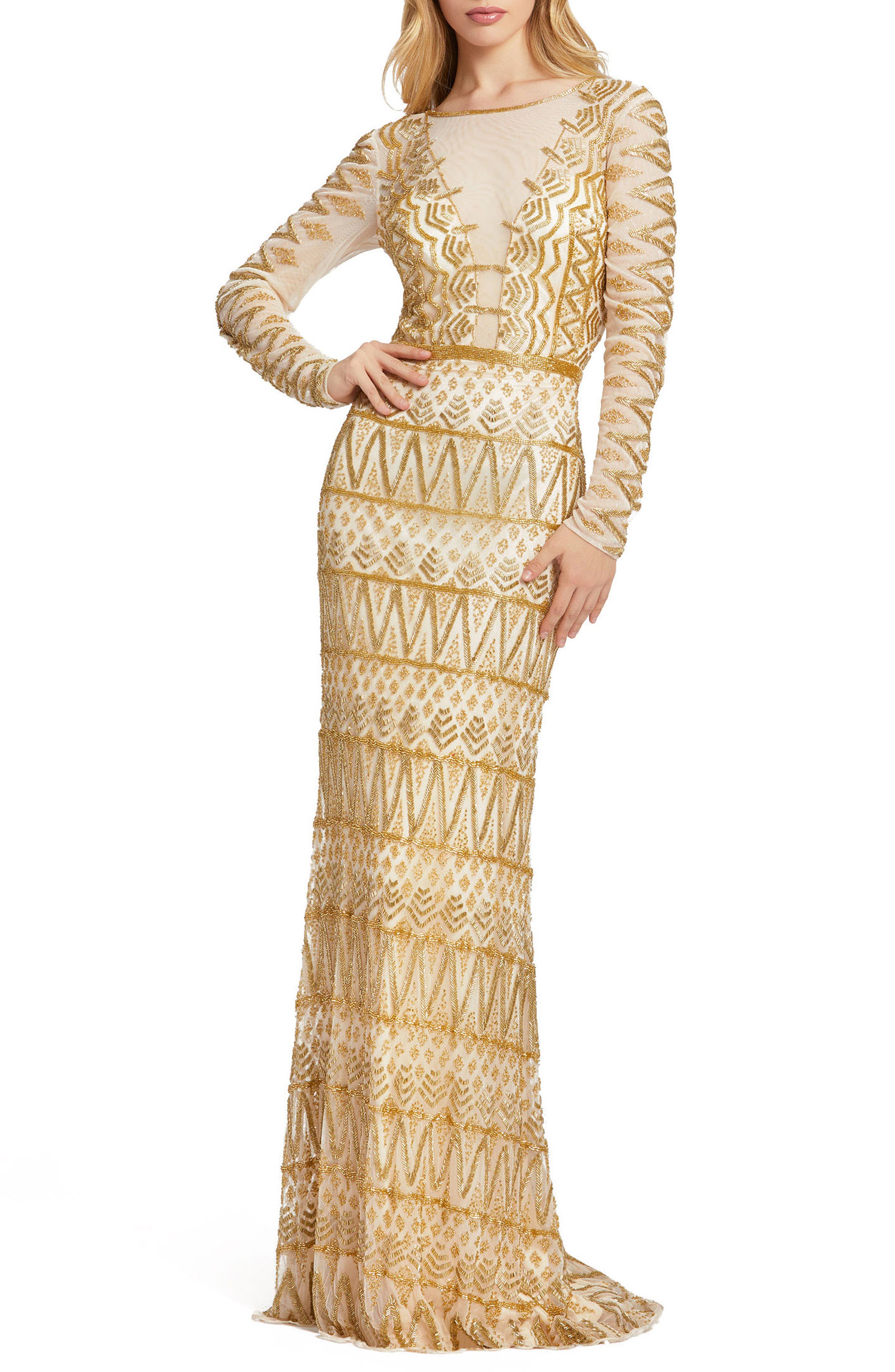 mac duggal beaded long sleeve gown