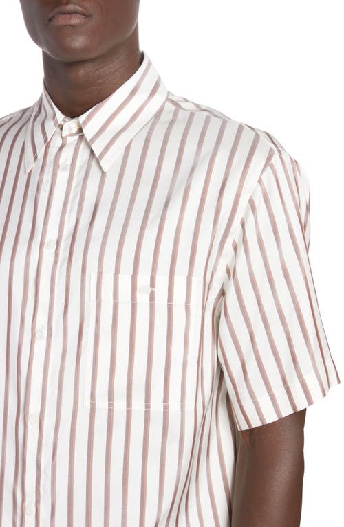 Shop Bottega Veneta Bicolor Stripe Short Sleeve Silk Button-up Shirt In 9032 White/brown/chestnut