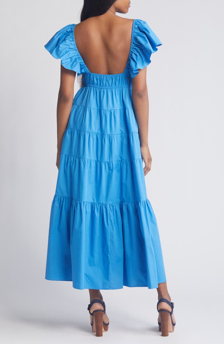 MOON RIVER Flutter Sleeve Tiered Stretch Cotton Maxi Dress | Nordstrom