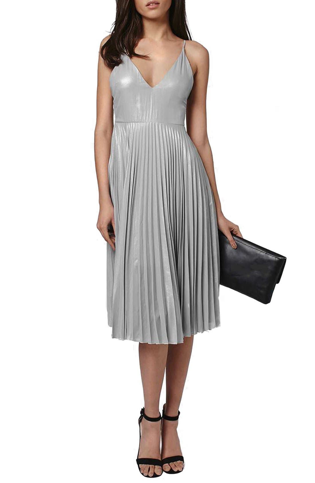 metallic pleated midi dress