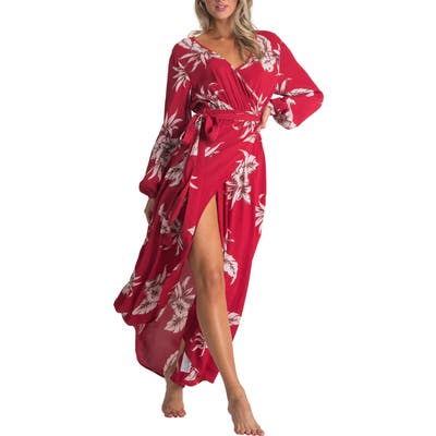 Billabong Kauai Floral Print Long Sleeve Maxi Dress, Red