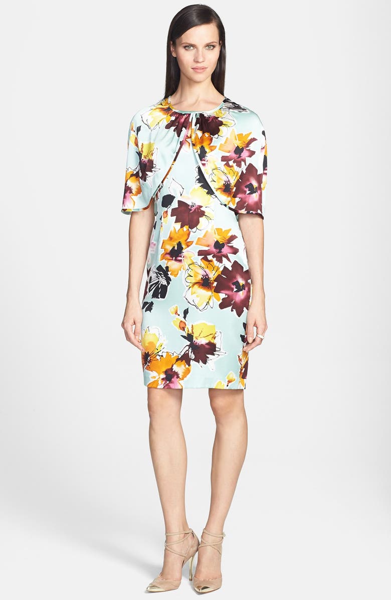 St. John Collection Floral Print Silk Charmeuse Dress with Capelet ...