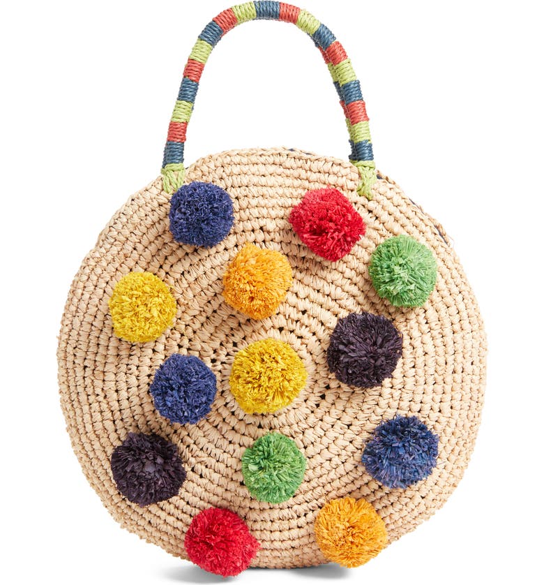 NORDSTROM Multi Pom Circular Raffia Tote, Main, color, NATURAL
